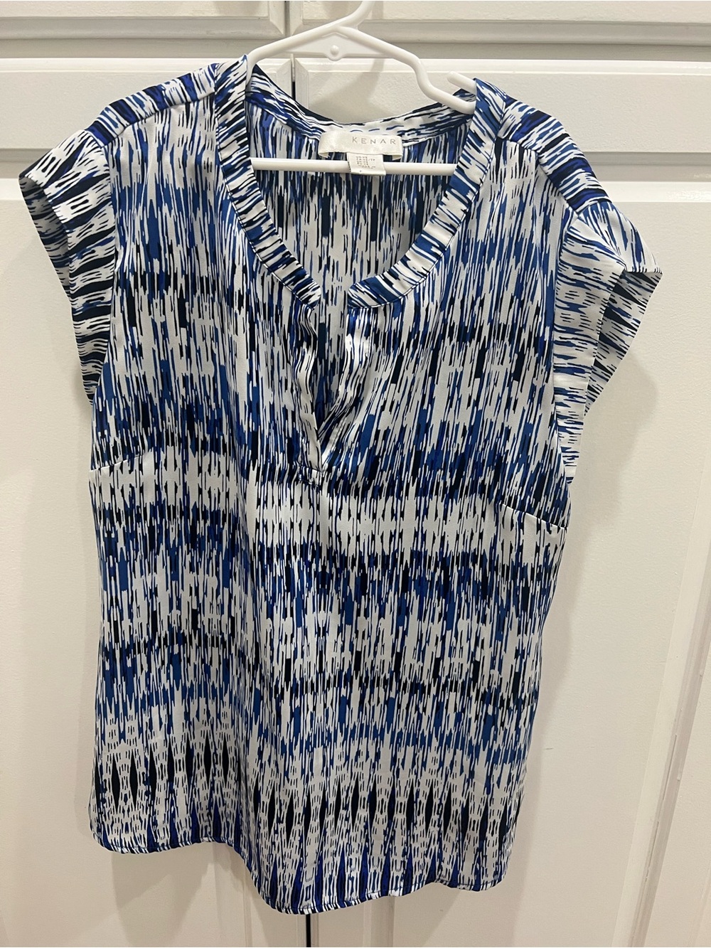 Kenar Blue & White Abstract Cap-Sleeve Top